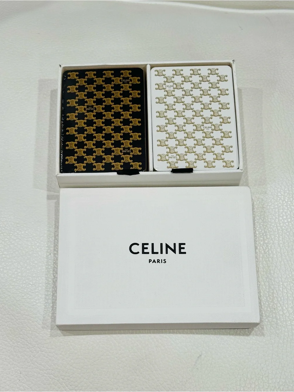 CELINE Black & White Patterned Playing Cards in Box - Gold Accents
